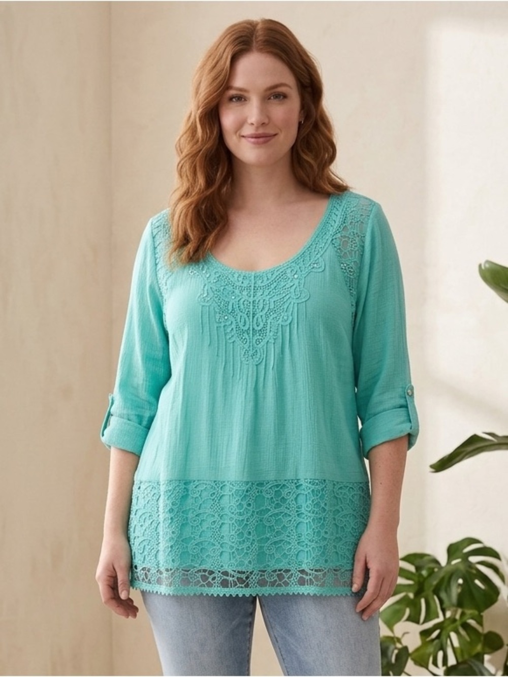 Reba Teal Embroidered Cotton Scoop-Neck Tunic with Lace Hem, Women’s Size Large